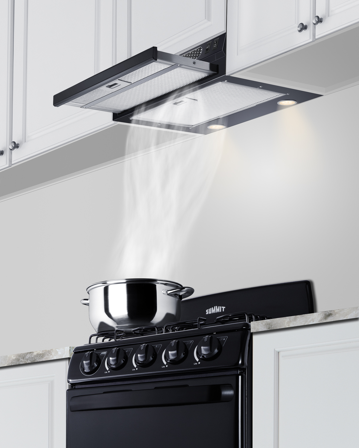 24 inch wide under cabinet retractable range hood for ductless use in black, made in the USA